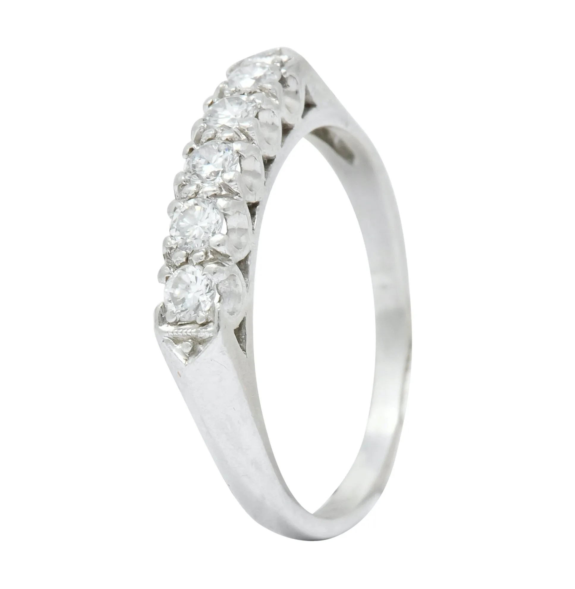 1940 Retro Round Brilliant Diamond Platinum Fishtail Band Stacking Ring