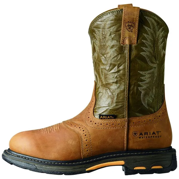 Ariat Mens 10 Workhog Pull-On H20 WP Work Boots - Aged Bark/Army Green 10008633