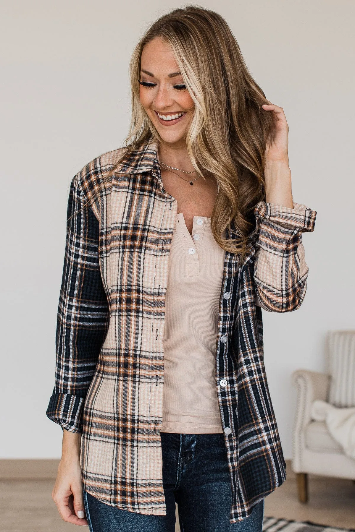 Autumn Skies Button Up Plaid Top- Beige & Navy