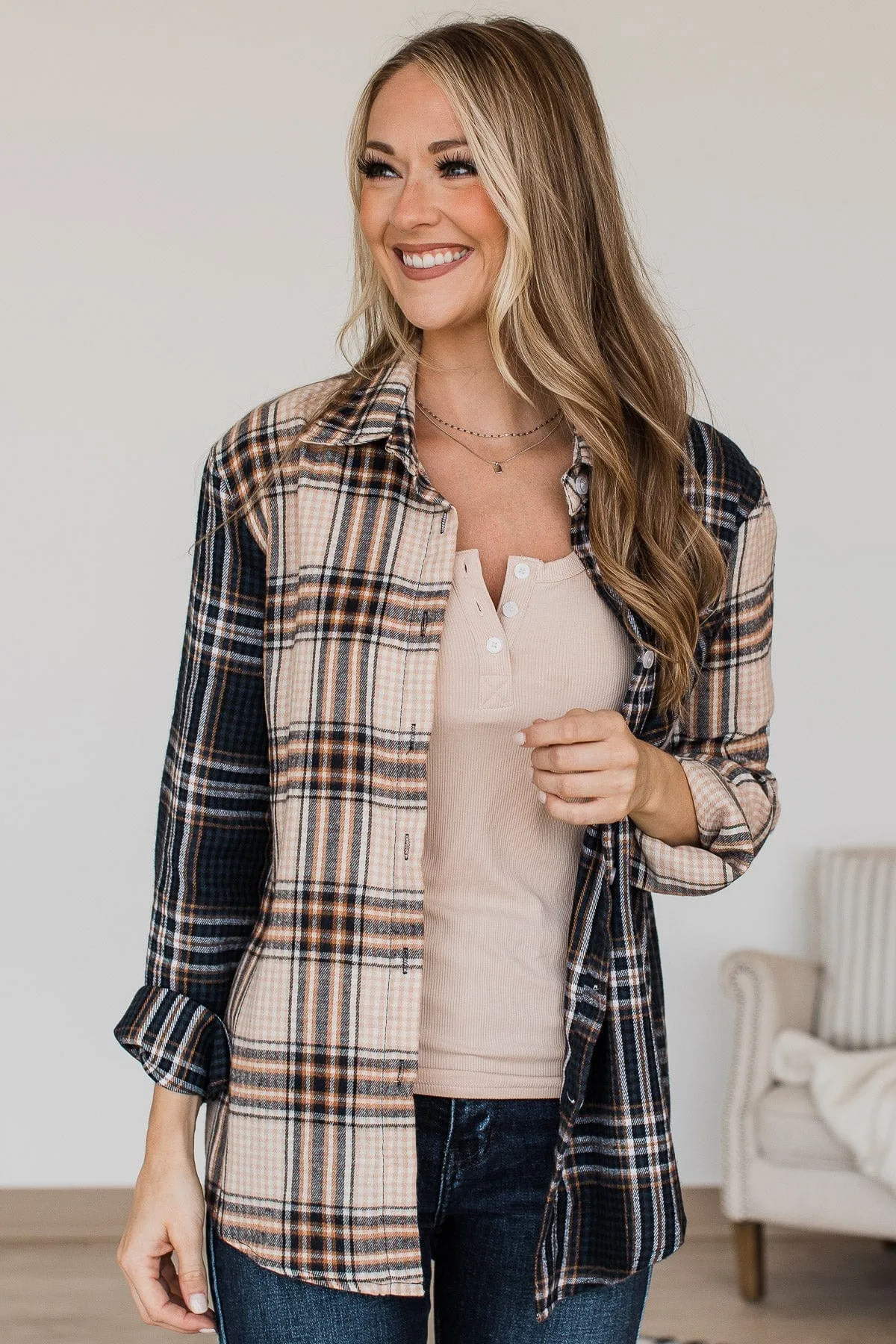 Autumn Skies Button Up Plaid Top- Beige & Navy