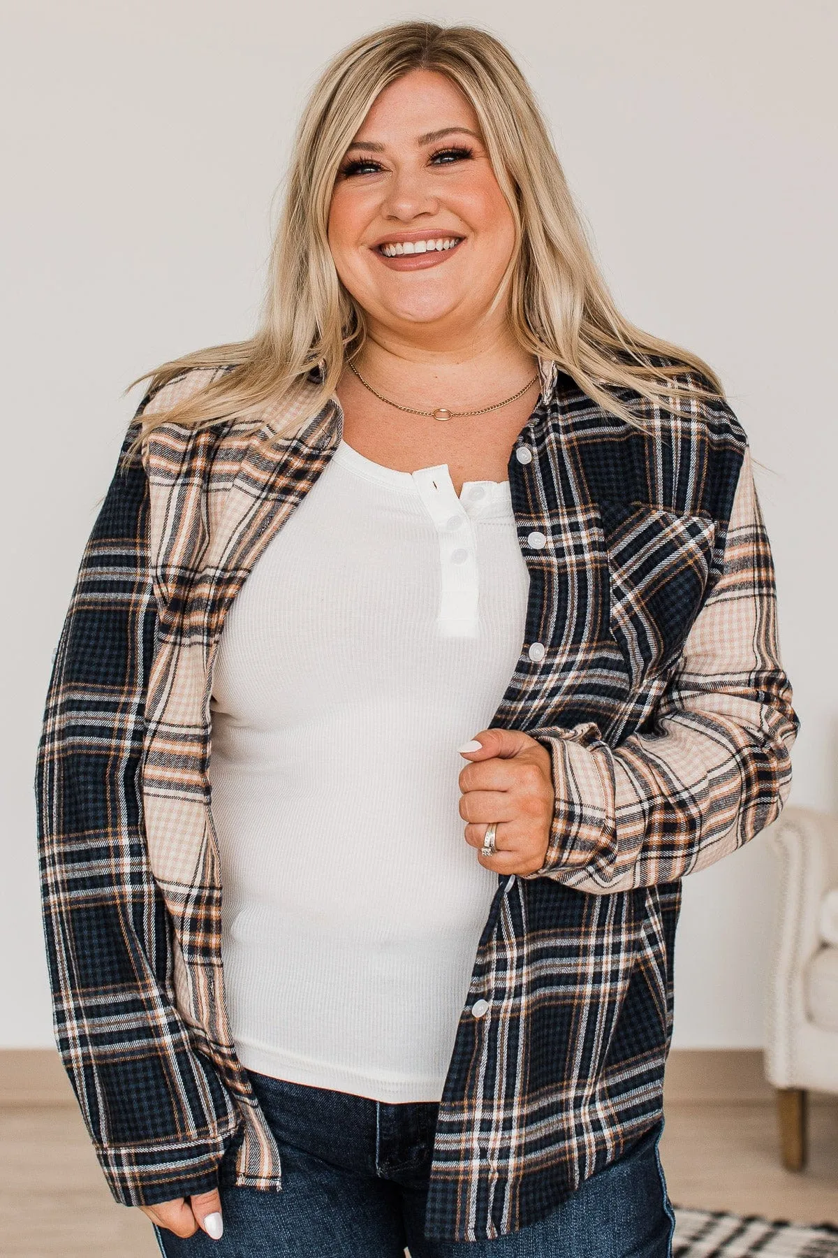 Autumn Skies Button Up Plaid Top- Beige & Navy