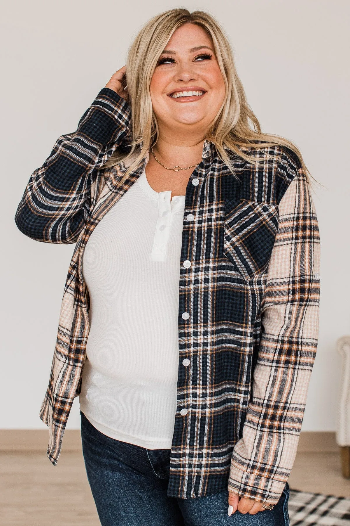 Autumn Skies Button Up Plaid Top- Beige & Navy