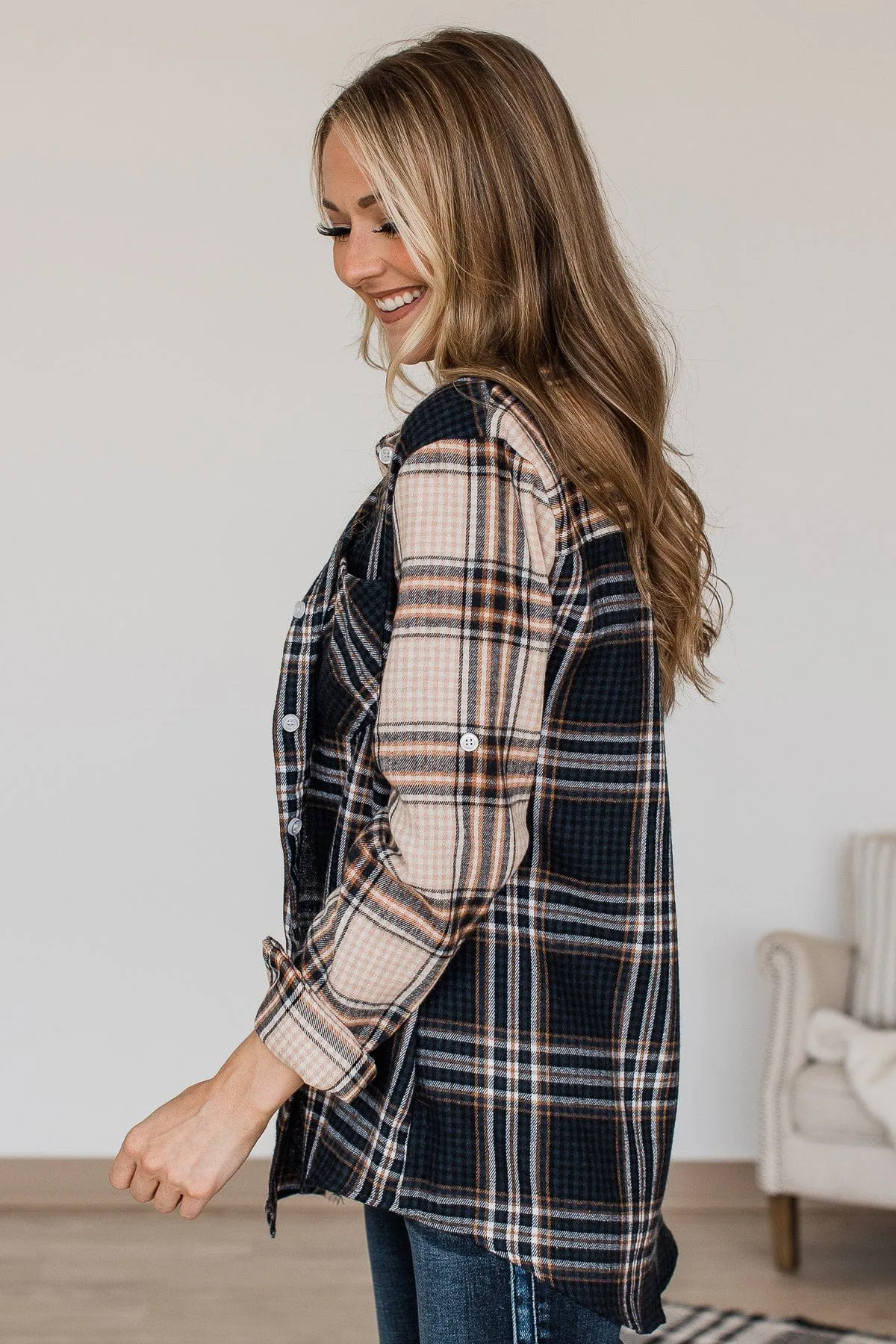 Autumn Skies Button Up Plaid Top- Beige & Navy