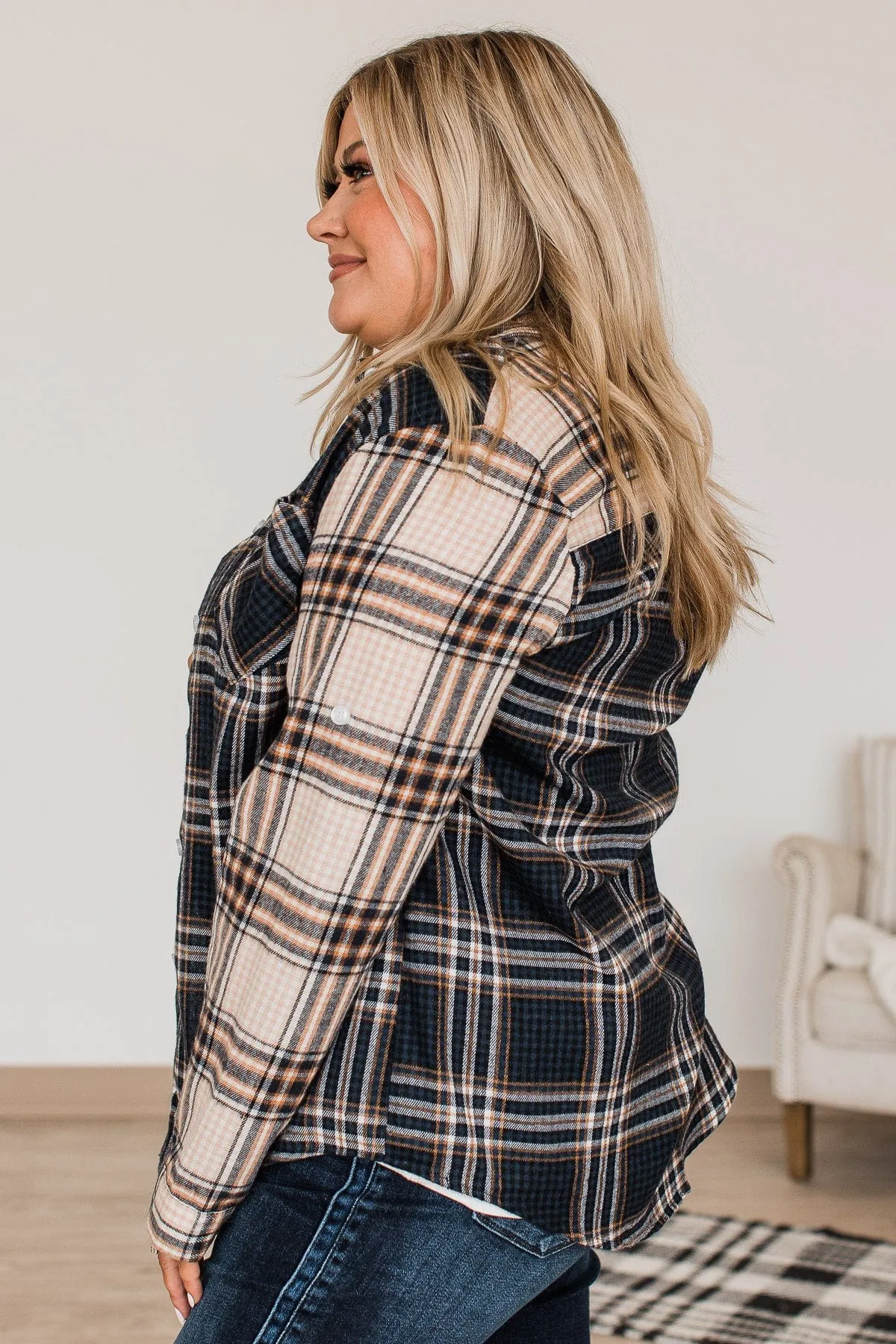 Autumn Skies Button Up Plaid Top- Beige & Navy