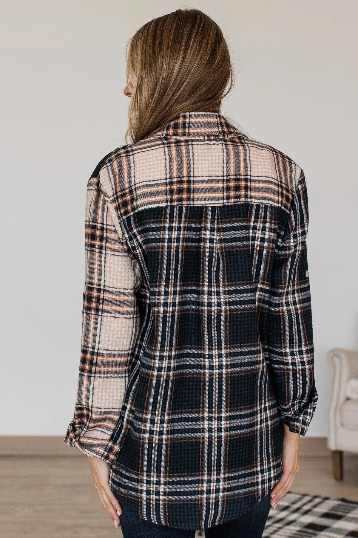 Autumn Skies Button Up Plaid Top- Beige & Navy