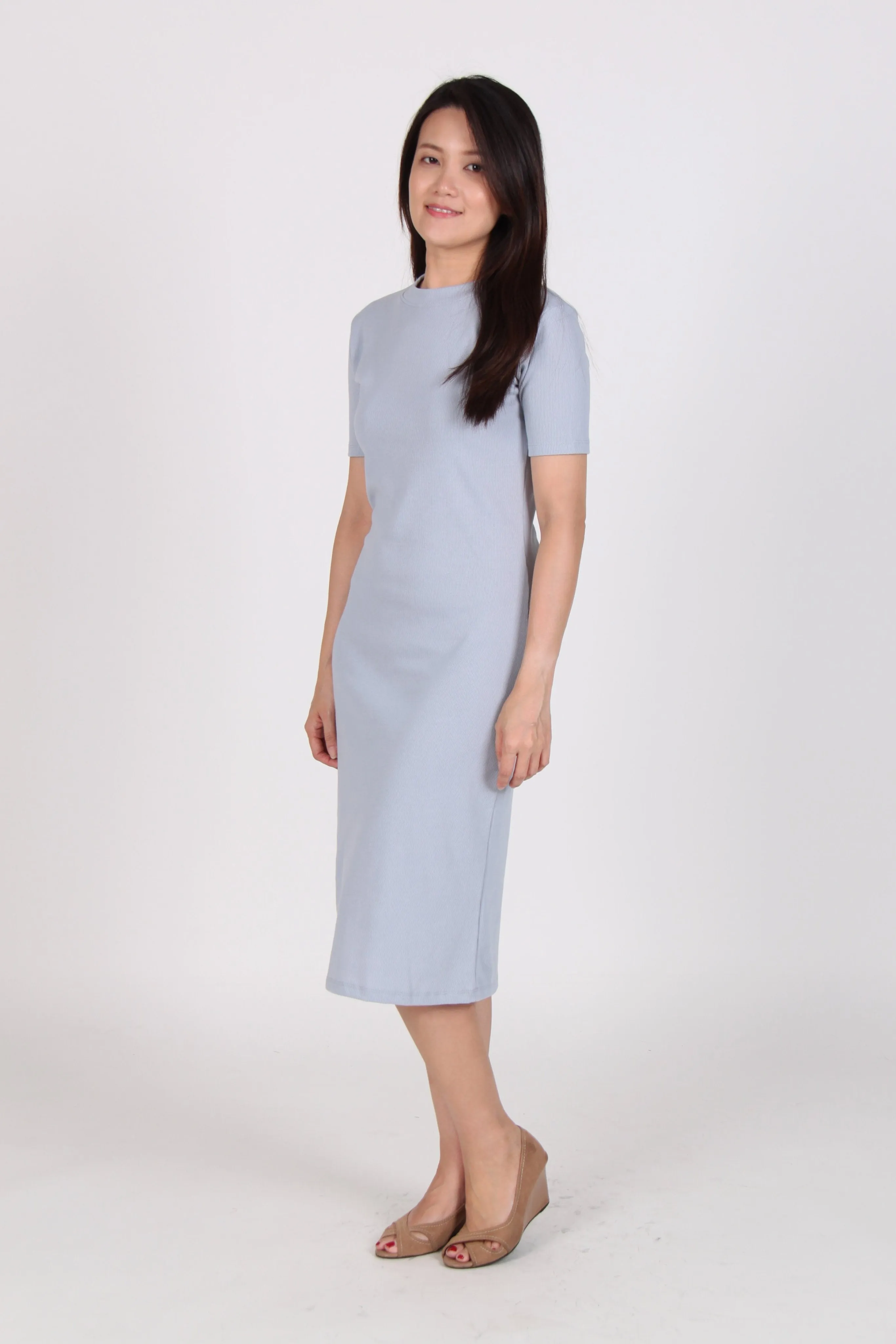 Basic Everyday Midi Tee Dress in Light Blue