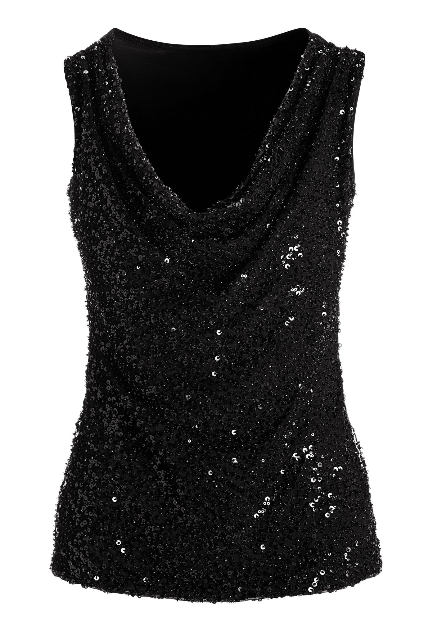 Beaded Cowl-Neck Knit Tank Top Black