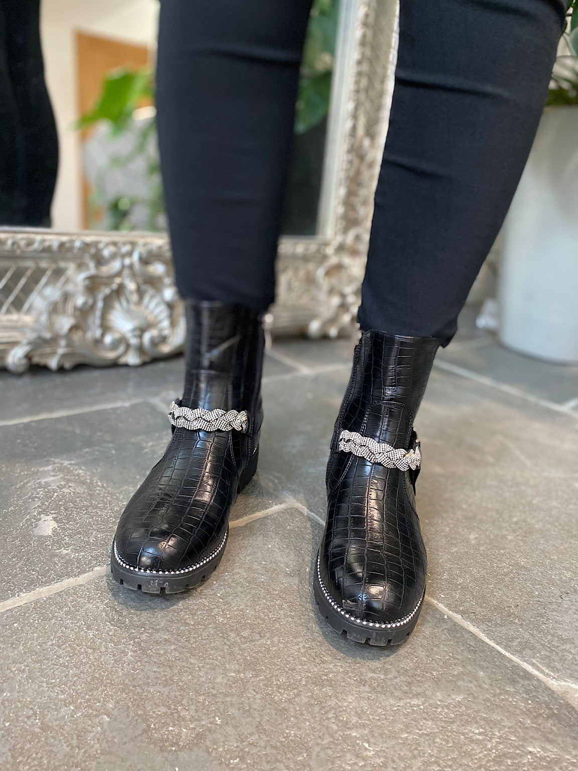 Black Diamante Strap Boots