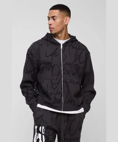 boohooMAN Mens Oversized Boxy All Over Graffiti Zip Through Hoodie