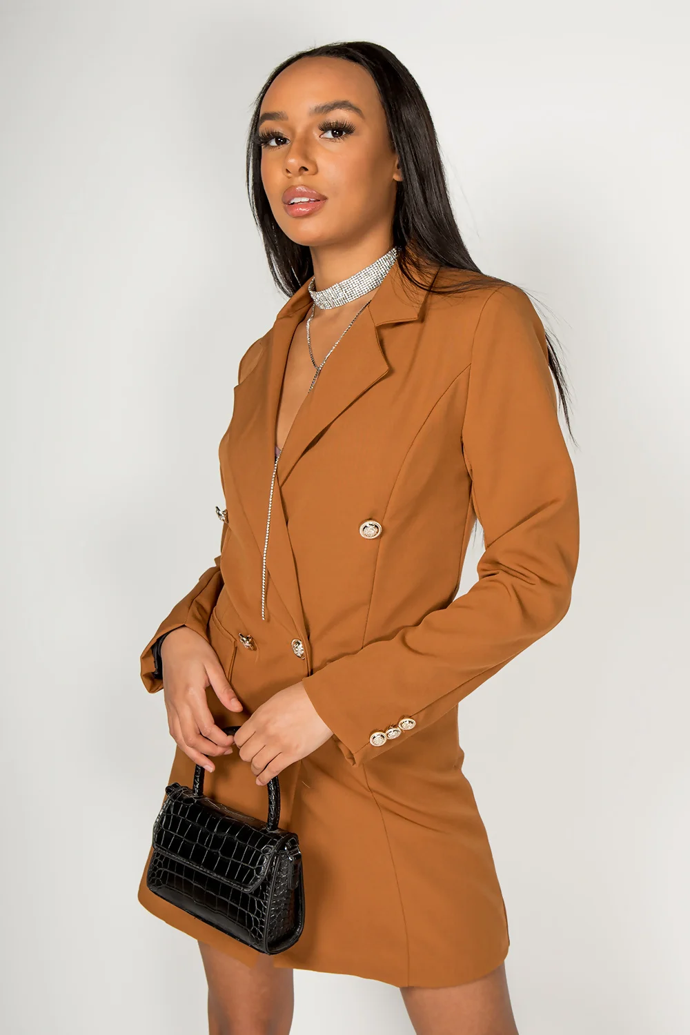 Camel Double Breasted Blazer Dress