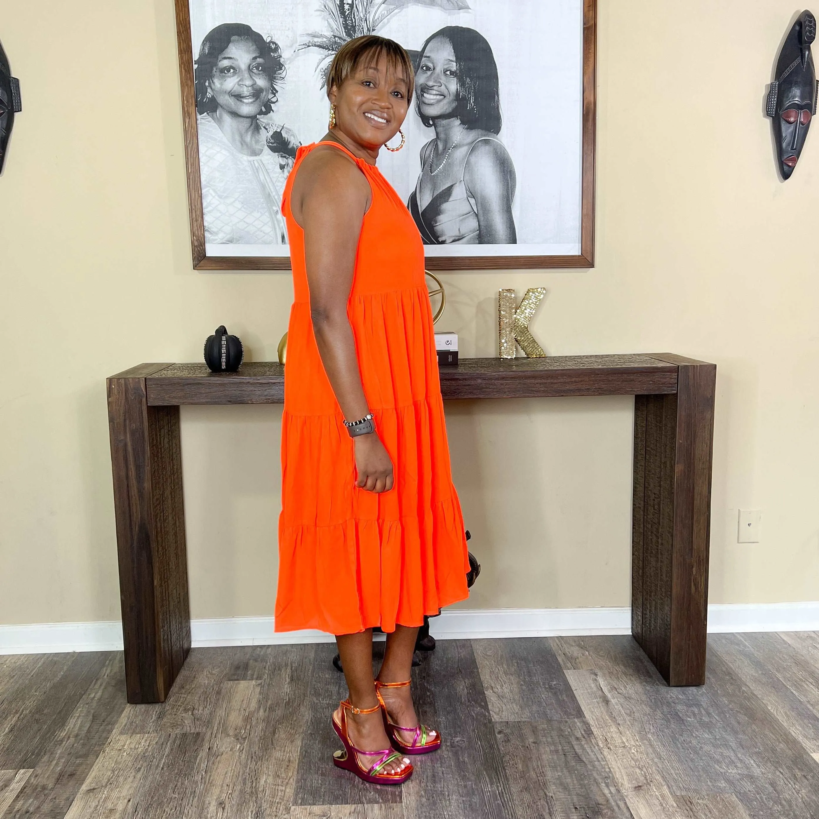 'Chance' Tiered Midi Dress | Neon Orange