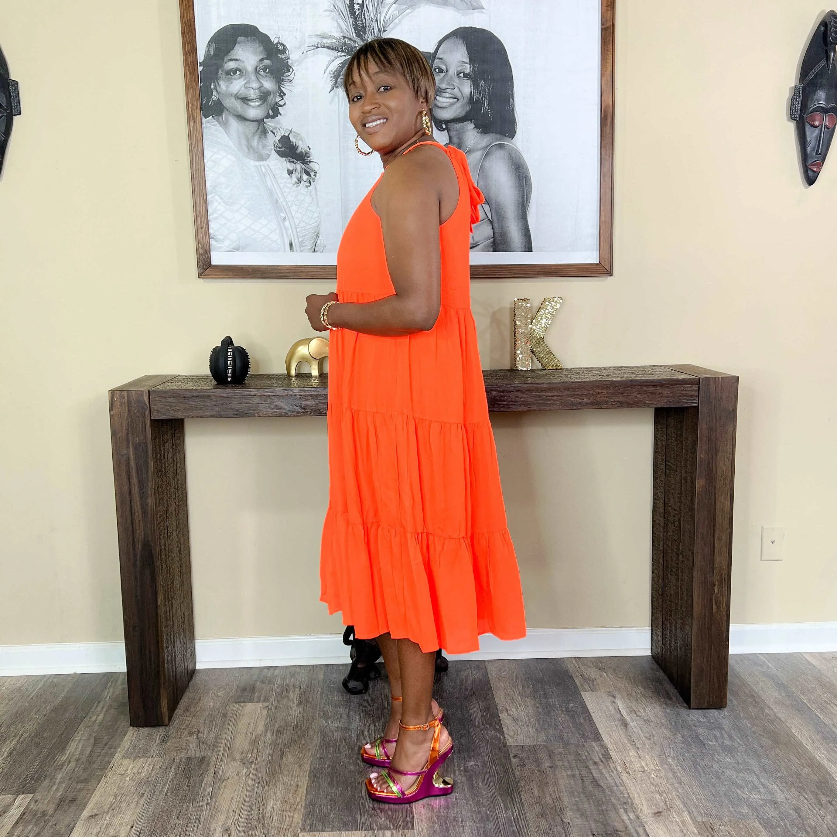 'Chance' Tiered Midi Dress | Neon Orange