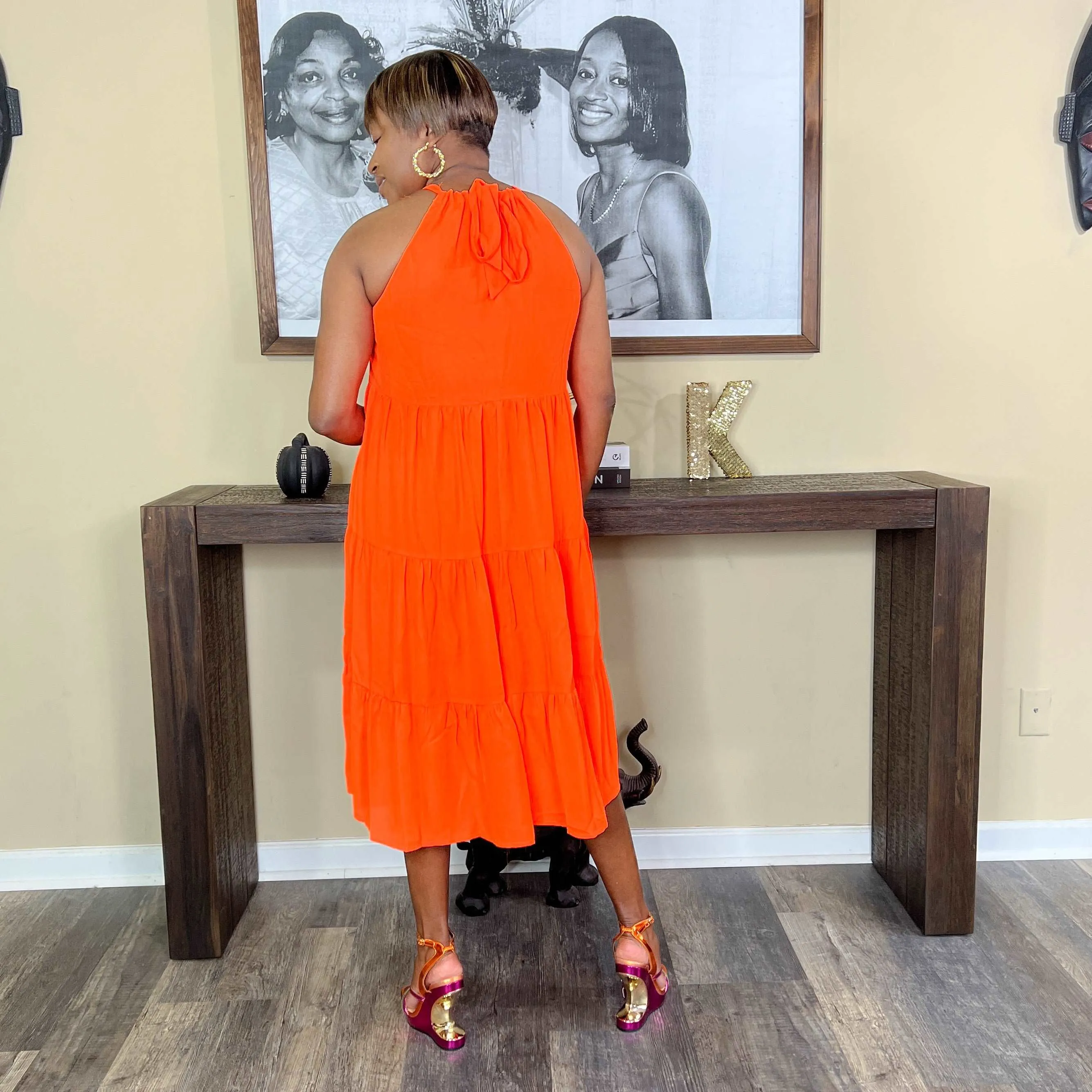 'Chance' Tiered Midi Dress | Neon Orange