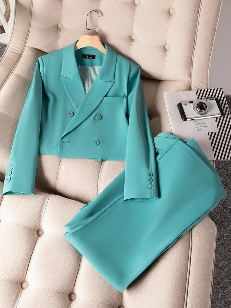 Double-Breasted Crop Blazer Women Pant Suit