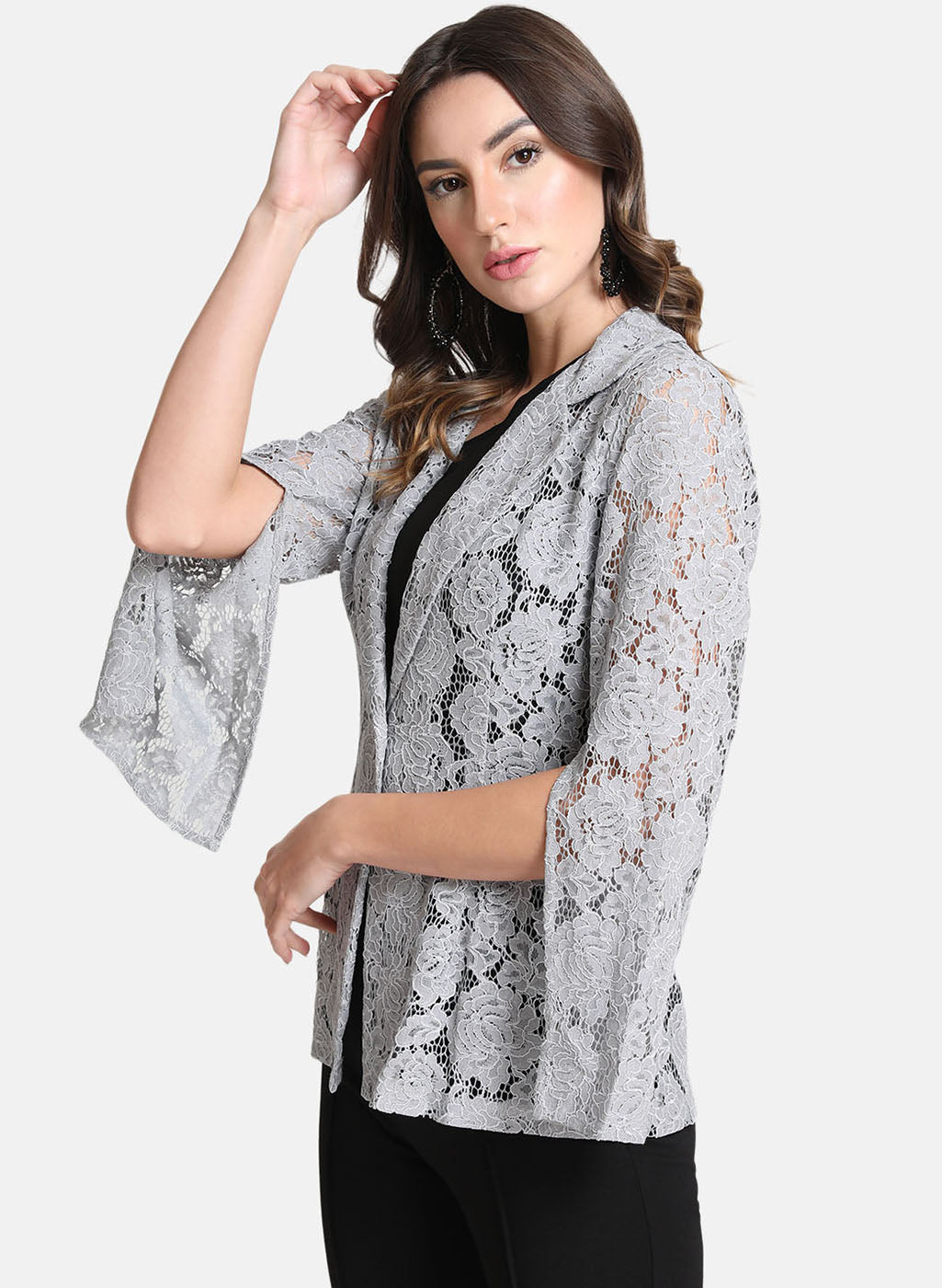 Embossed Lace Blazer With Flared Sleeves