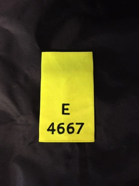 Epaulette Slides, Hi Vis yellow, black embroidered letter E and number 4667, 11cm length (Used – Grade A)