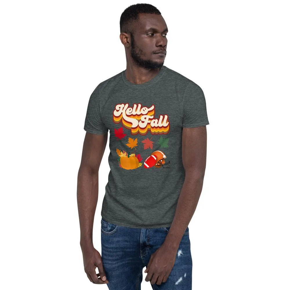 Hello Fall  Unisex T-Shirt, fall leaves, pumpkin spice latte and football