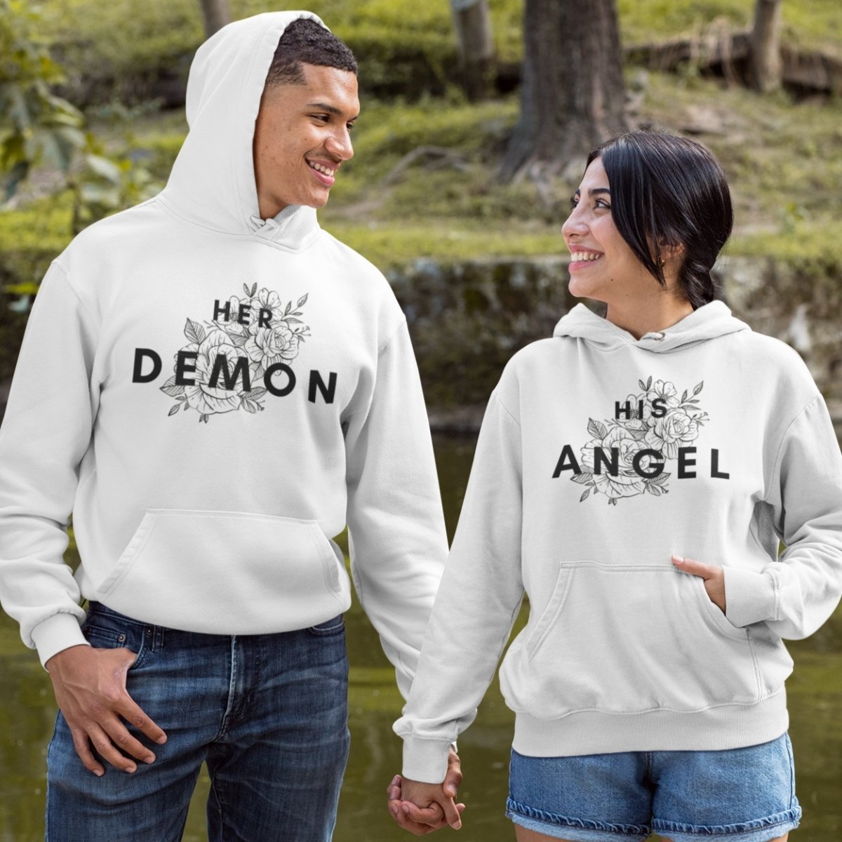 Her Demon / His Angel Couple Hoodies White