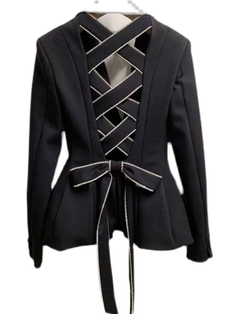 Hollow Out Bow Tie Women's Blazer New Notched Single-breasted Slim Suit