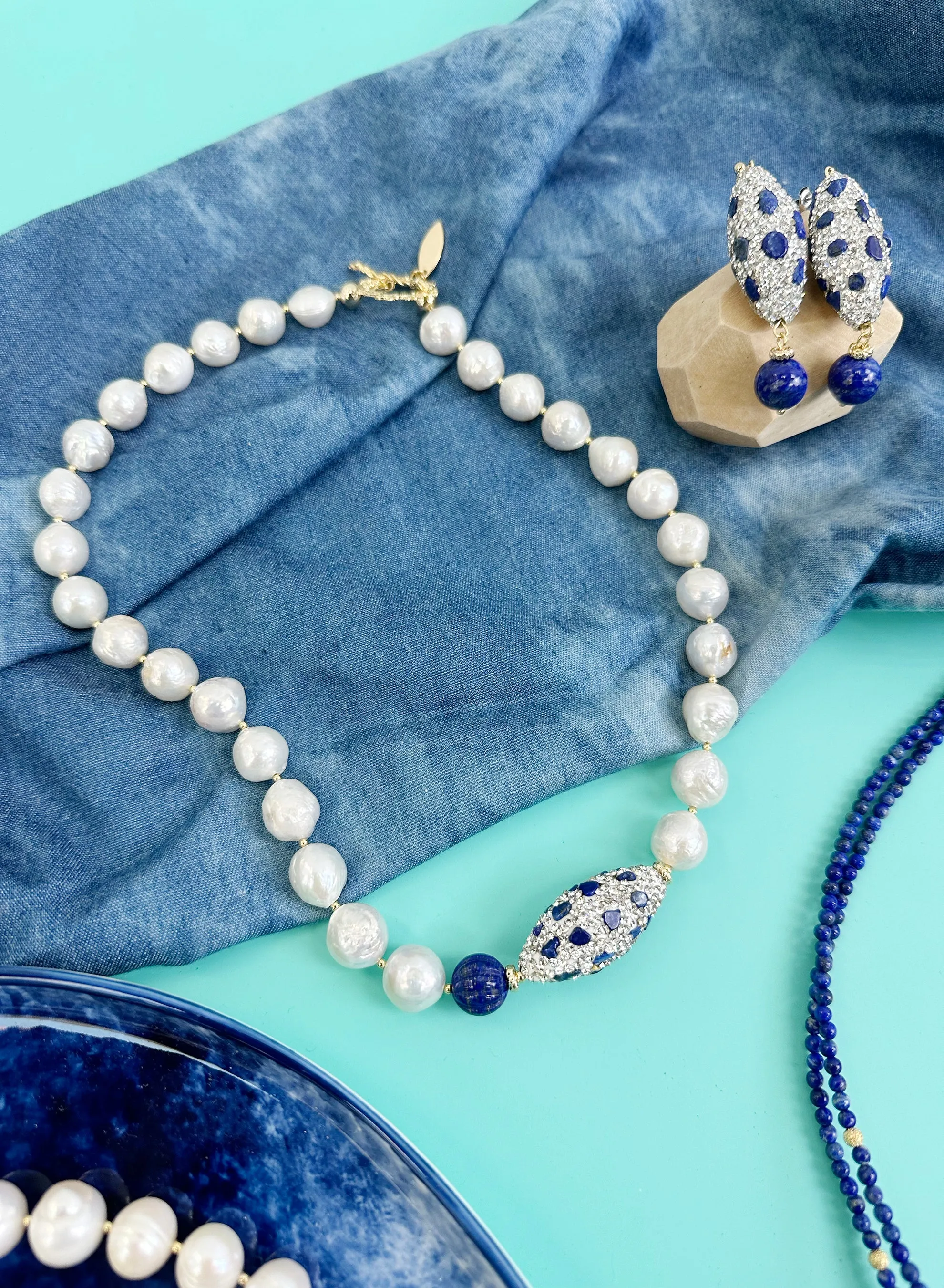 Irregular Freshwater Pearls with Lapis Rhinestone Statement Necklace JN027