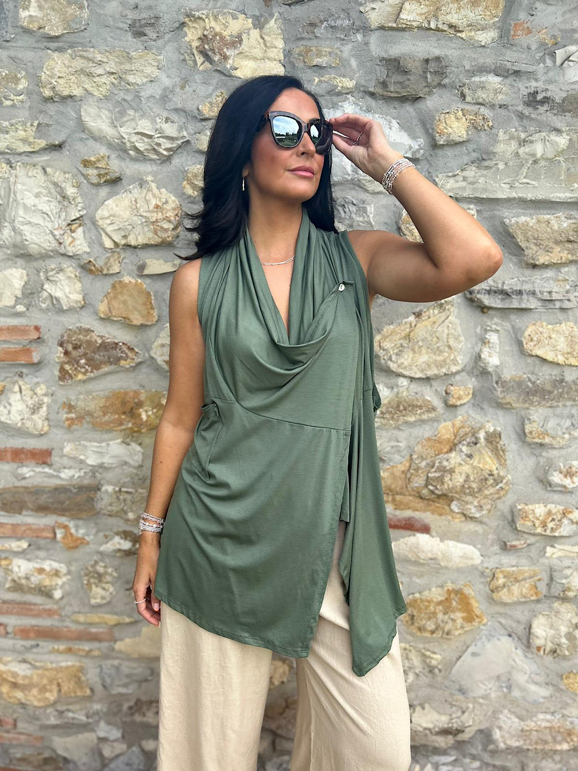 Khaki Scoop Neck Waistcoat Shena