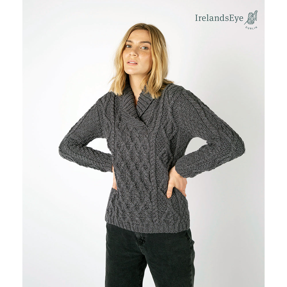 Ladies Knitted Bramble Aran Shawl Collar Pullover