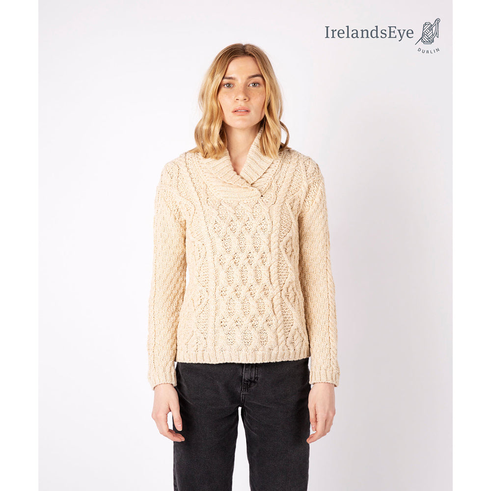 Ladies Knitted Bramble Aran Shawl Collar Pullover