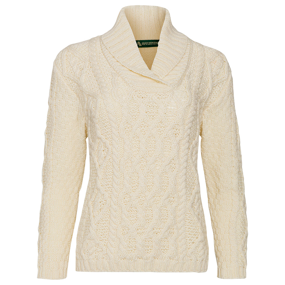 Ladies Knitted Bramble Aran Shawl Collar Pullover