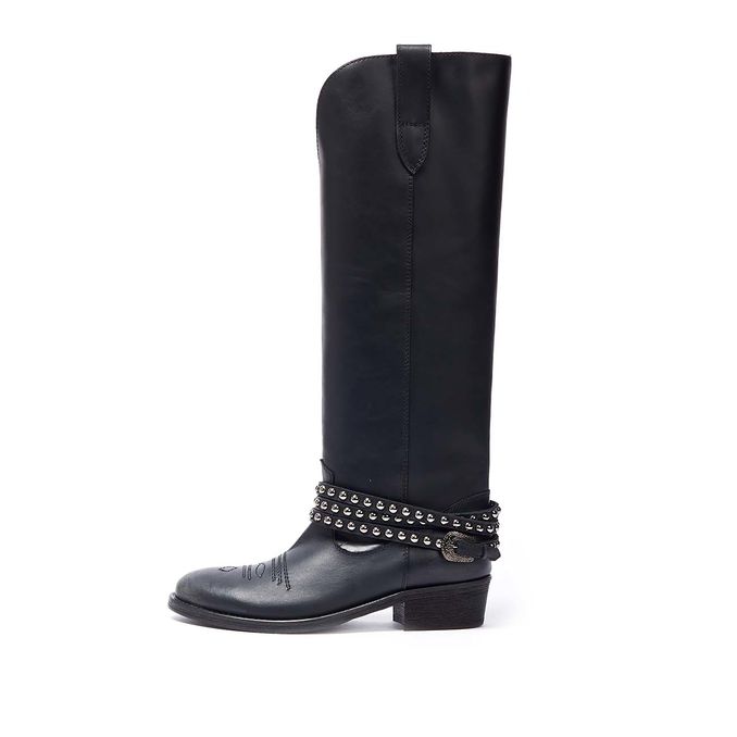 MALIBU HIGH LEG BOOTS WITH STUDDED STRAP Woman Black