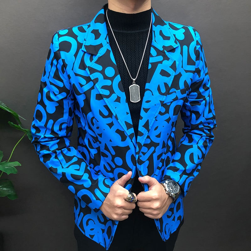 Men's Blue Polyester Hip Hop Style Letter Pattern Slim Fit Casual Blazer