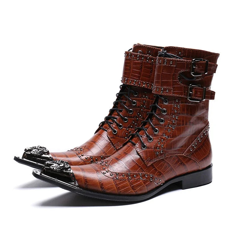 Men's Handmade Leather Pointed Iron Toe Buckle Motorcycle Ankle Boots