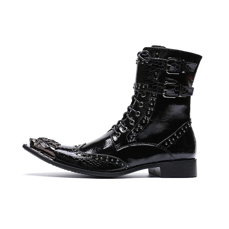 Men's Handmade Leather Pointed Iron Toe Buckle Motorcycle Ankle Boots