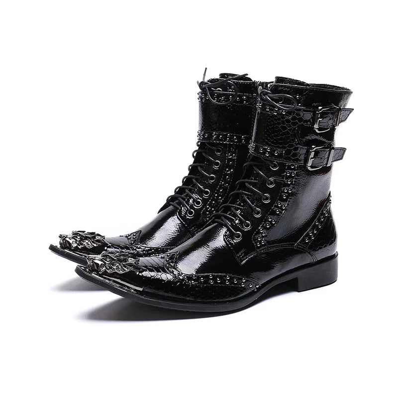 Men's Handmade Leather Pointed Iron Toe Buckle Motorcycle Ankle Boots