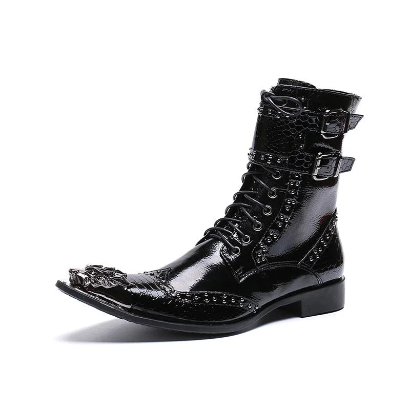 Men's Handmade Leather Pointed Iron Toe Buckle Motorcycle Ankle Boots