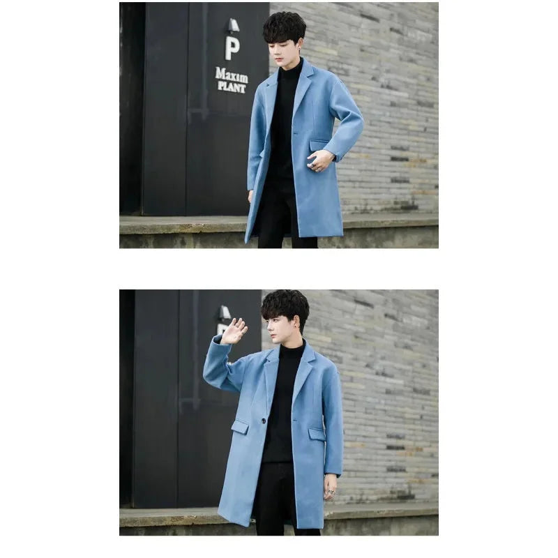 Men's Korean Winter Thick Warm Wool Blend Windbreaker Long Slim Coat