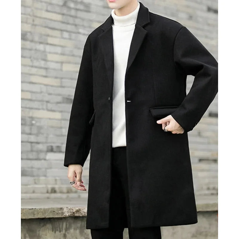 Men's Korean Winter Thick Warm Wool Blend Windbreaker Long Slim Coat