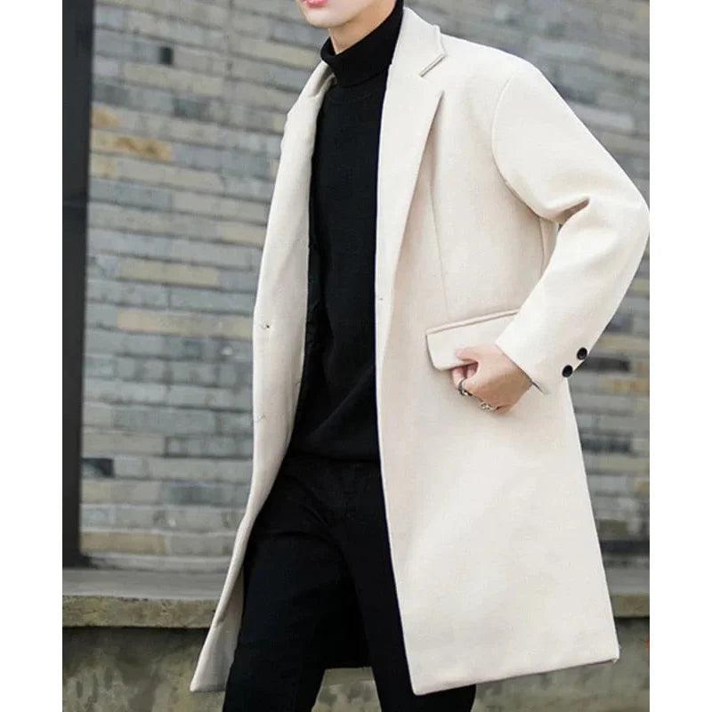 Men's Korean Winter Thick Warm Wool Blend Windbreaker Long Slim Coat