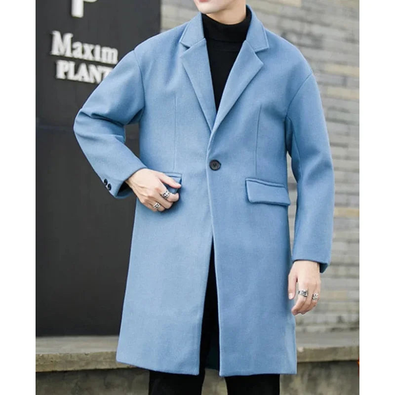 Men's Korean Winter Thick Warm Wool Blend Windbreaker Long Slim Coat