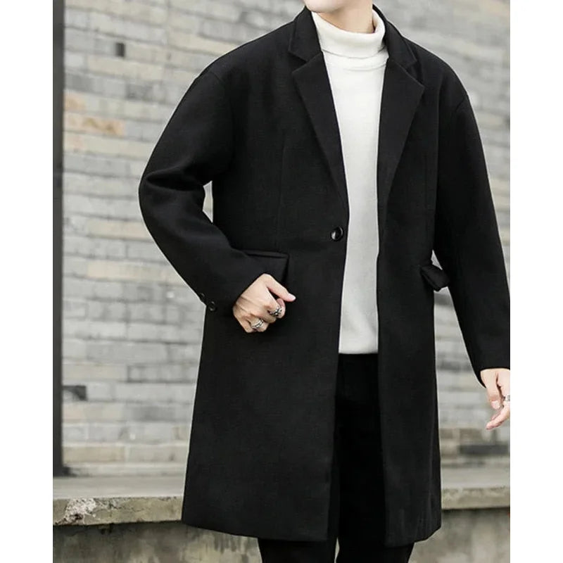 Men's Korean Winter Thick Warm Wool Blend Windbreaker Long Slim Coat