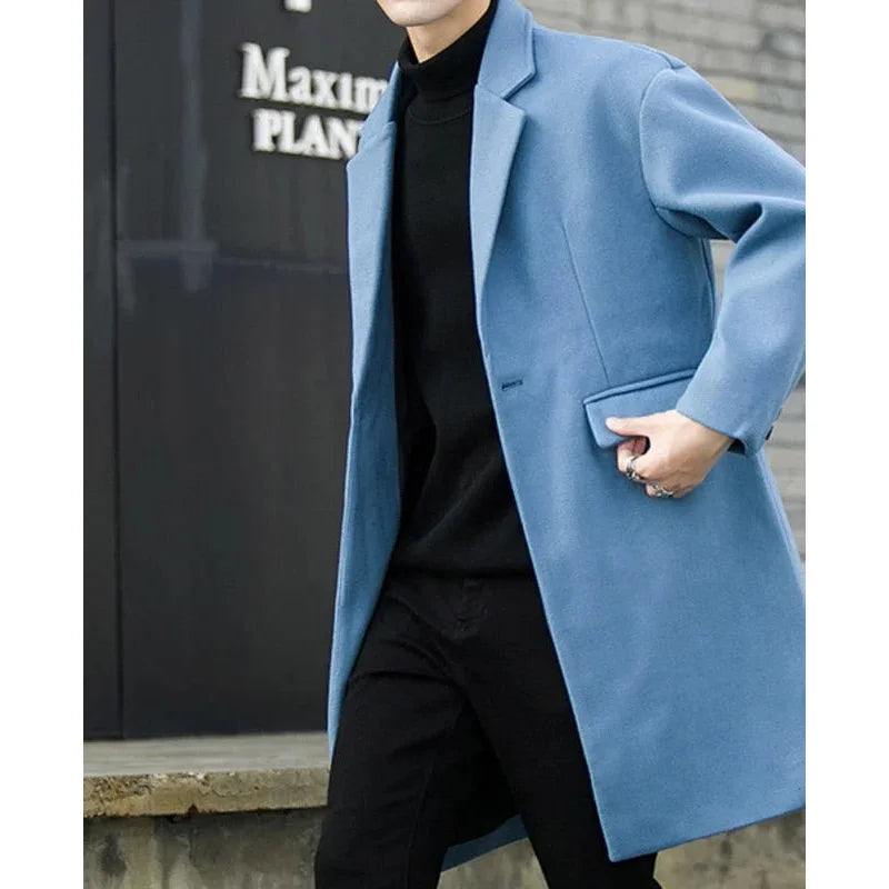 Men's Korean Winter Thick Warm Wool Blend Windbreaker Long Slim Coat