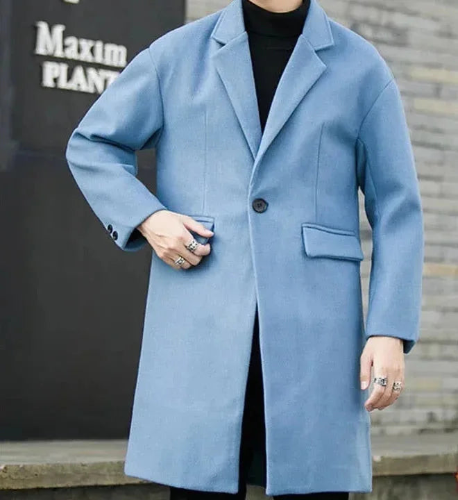 Men's Korean Winter Thick Warm Wool Blend Windbreaker Long Slim Coat