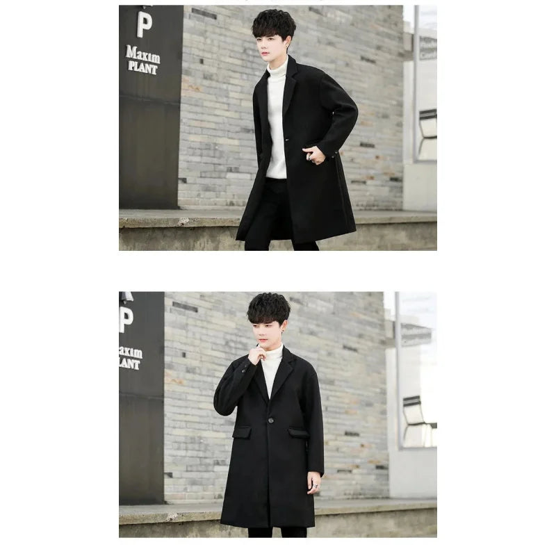 Men's Korean Winter Thick Warm Wool Blend Windbreaker Long Slim Coat