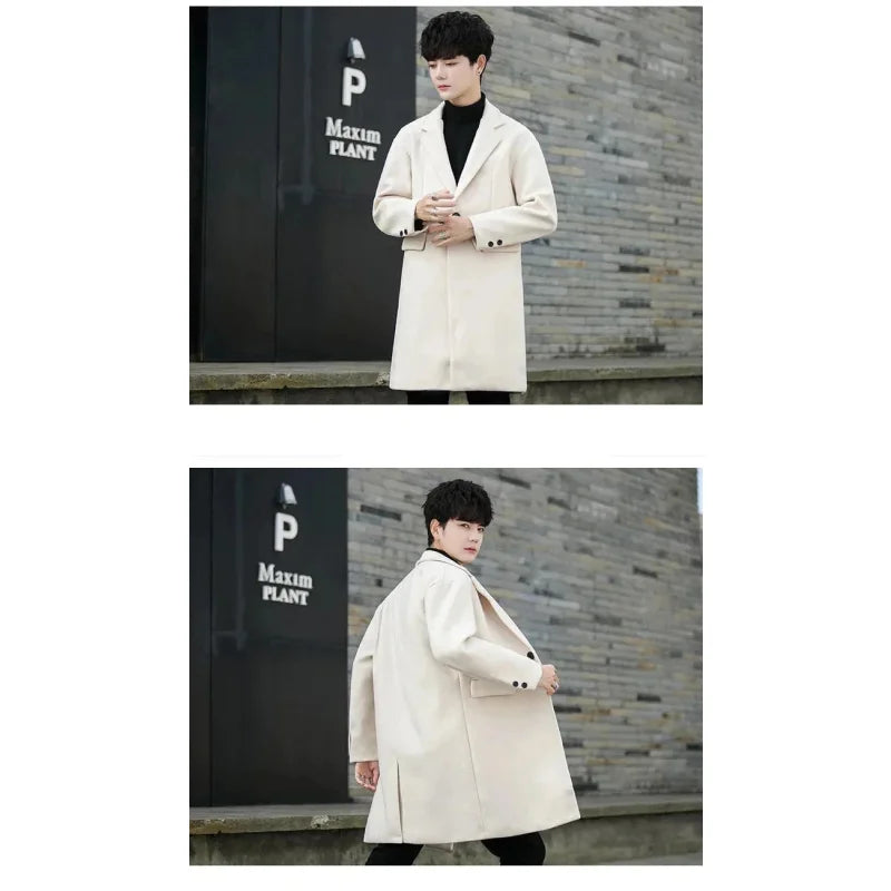 Men's Korean Winter Thick Warm Wool Blend Windbreaker Long Slim Coat