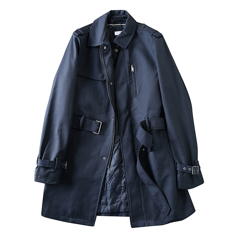 Mens Quilting Lining autumn and winter casual lapel mid-length windbreaker jacket trench coat