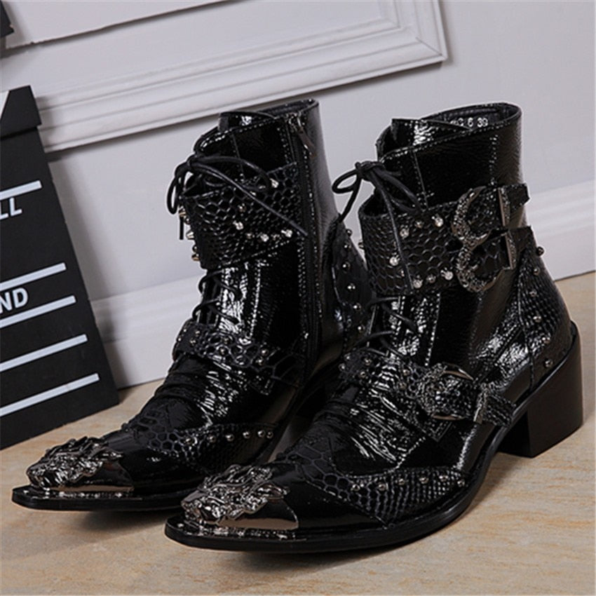 Men's Rock Punk Leather Metal Toe Buckle Lace Up 6cm Heels Ankle Boots