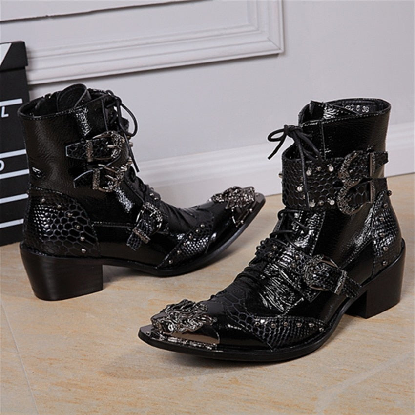 Men's Rock Punk Leather Metal Toe Buckle Lace Up 6cm Heels Ankle Boots