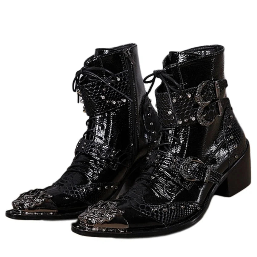 Men's Rock Punk Leather Metal Toe Buckle Lace Up 6cm Heels Ankle Boots