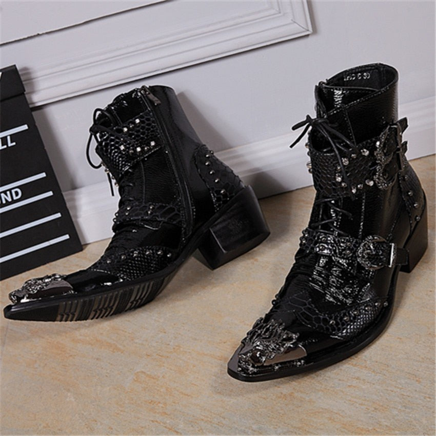 Men's Rock Punk Leather Metal Toe Buckle Lace Up 6cm Heels Ankle Boots