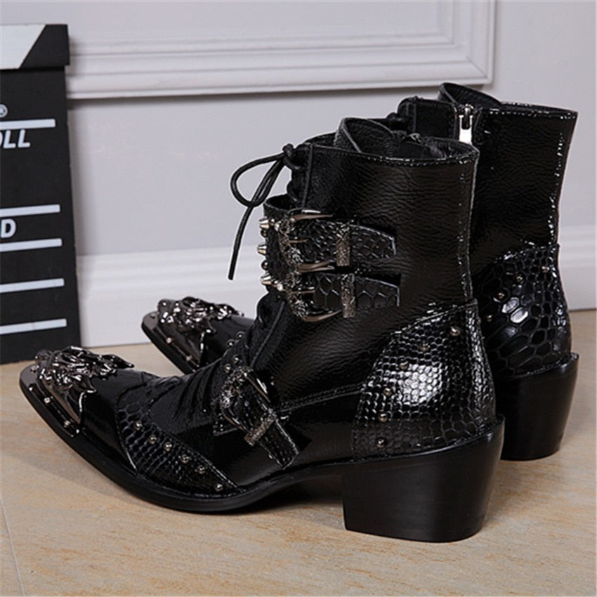 Men's Rock Punk Leather Metal Toe Buckle Lace Up 6cm Heels Ankle Boots