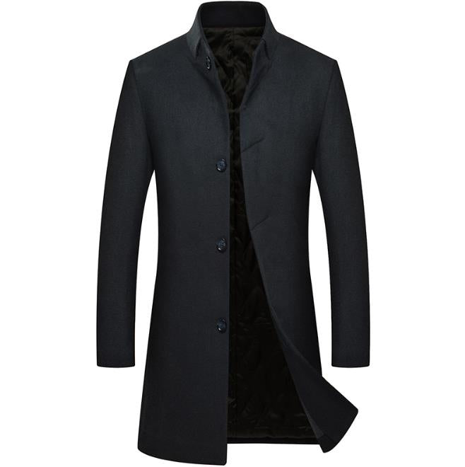 Men's Wool Blended Slim Fit Windbreaker Long-Length Outerwear Jacket